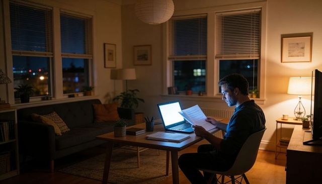 Man working late at home desk reviewing documents and typing on laptop in cozy apartment