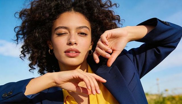 Confident woman winking, posing with hands near face in navy blazer and yellow blouse