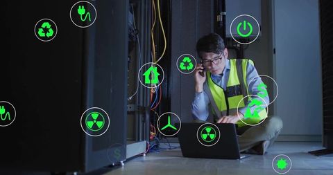 Tech Engineer in Data Center with Sustainability Icons Highlighting Role