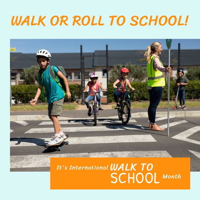 Students skating, riding bikes and walk or roll to school, it's international walk to school month. Text, road, composite, transport, multiracial, childhood, education, fitness and active lifestyle.