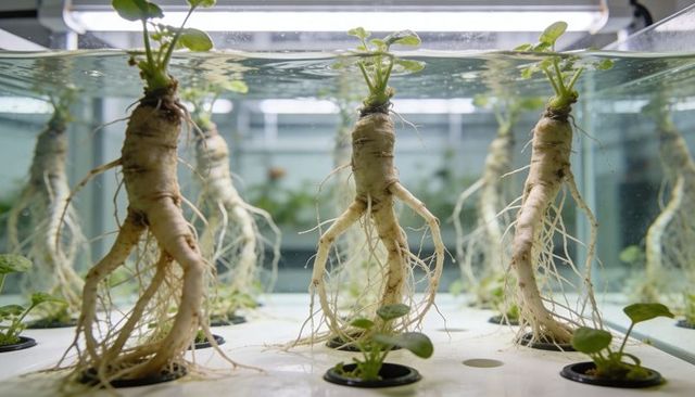 Hydroponic ginseng roots flourishing in clear tank under led grow lights for research cultivation