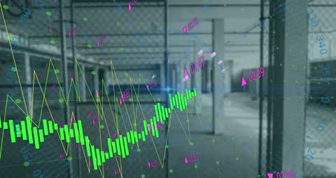 Animated Graphs Overlay on Warehouse Background Highlighting Business Data