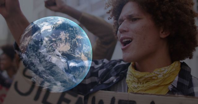 Young activist passionately raising awareness for climate change. The individual holds a sign while shouting during a protest. The image emphasizes the urgency of environmental issues with a digital illustration of the Earth superimposed beside the activist. Ideal for use in environmental campaign materials, educational articles on activism, and social media posts advocating for climate action.