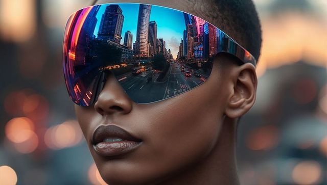 Futuristic Mirrored Visor Reflecting City Skyline at Dusk, Fashion Editorial Portrait