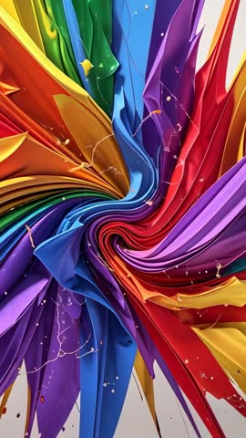 Vertical abstract ribbon swirl twisting in rainbow colors releasing paint droplets