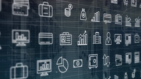 Digital Interface with Business and Finance Icons in Data Center