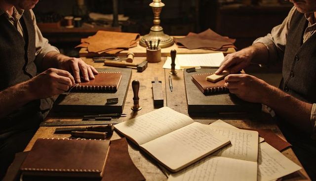 Two craftsmen binding leather notebooks at rustic workbench with vintage tools