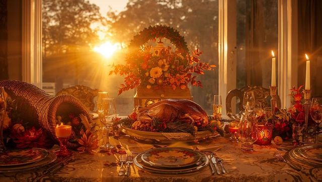 Roasted turkey centerpiece on autumn feast table at golden hour with candles and cornucopia