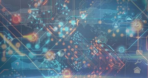 Global Futuristic Digital Interface with Circuit Traces, Icons and World Map