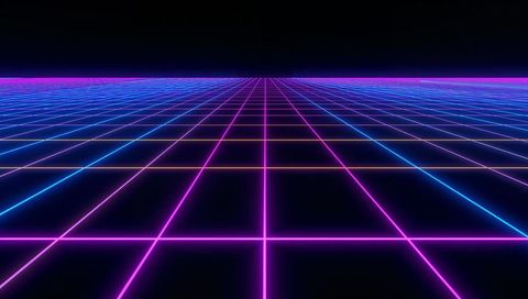 Neon grid horizon receding to vanishing point in retro synthwave cyberpunk perspective