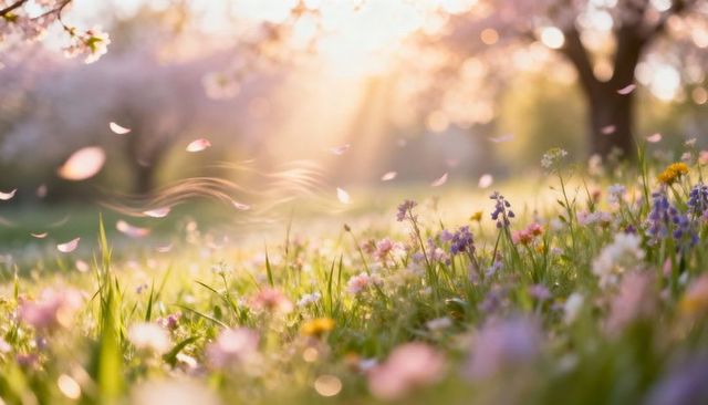 Sunlit spring meadow catching golden sunbeams with wildflowers and floating blossom petals