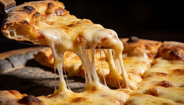 Stretching mozzarella pulling from golden cheese pizza slice lifting from rustic crust
