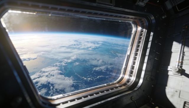 Earth curvature through spacecraft window at sunrise over blue atmosphere and clouds