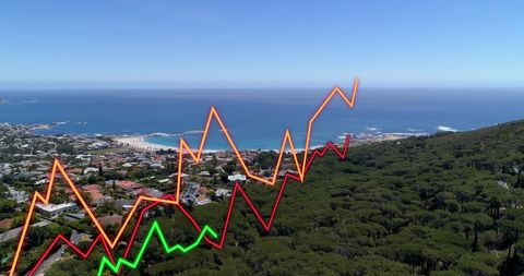 Data Analysis Graphs Overlay on Coastal Landscape View