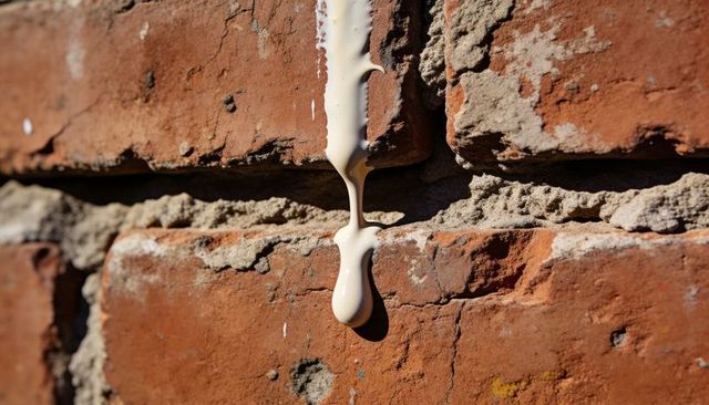 Beige sealant dripping down weathered red-brown brick wall close-up texture detail