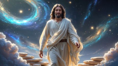 Jesus walking in white robe across stone slabs above clouds in cosmic void
