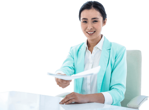 Smiling businesswoman holding documents with transparent background