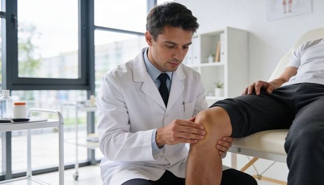 Doctor examining knee joint during orthopedic consultation in modern clinic