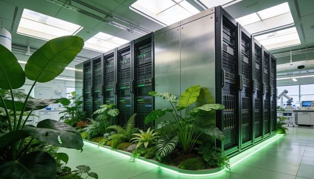 Biophilic data center with glowing server racks and lush indoor planters in research lab