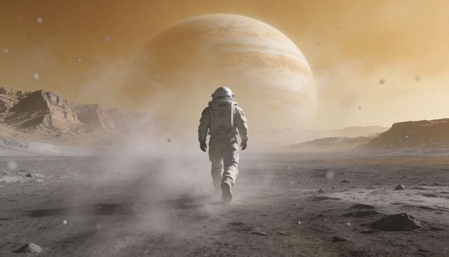 Astronaut Walking Across Alien Desert Toward Giant Gas Planet