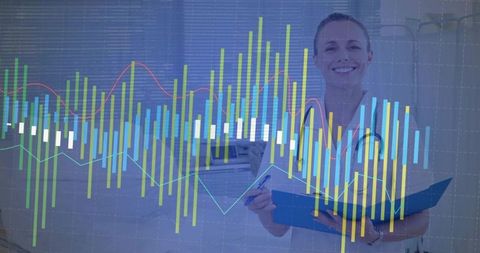 Smiling nurse reviewing patient records with medical charts overlay and data visualization
