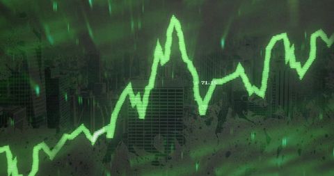 Neon Green Line Graph Over Urban Night Skyline
