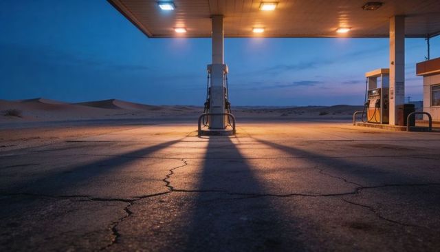 Desert gas station twilight casting warm canopy light over cracked pavement, empty dunes