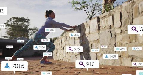 Athlete stretching outdoors with digital ui overlays