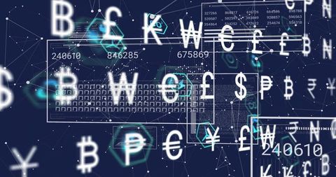 Floating Crypto and Currency Symbols Over Network Grid Representing Blockchain Data Flow