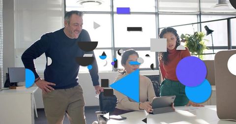 Collaborative team reviewing tablet in modern open-plan office with playful graphic overlay