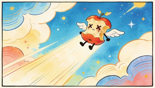 Soaring winged apple core leaving starry trail across pastel celestial dreamscape
