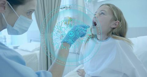 Nurse examining child throat with AI diagnostic overlay in pediatric clinical environment