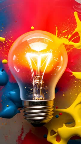Glowing Light Bulb Erupting Red Paint Splash on Vibrant Yellow Blue Abstract Vertical Video
