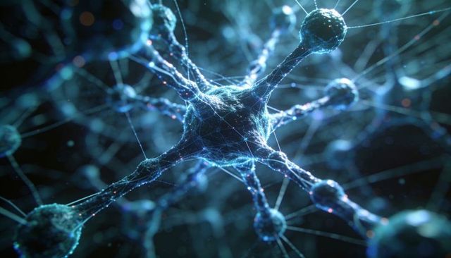 Glowing neural network simulation showing central neuron with branching dendrites