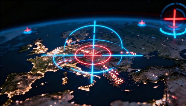Orbiting Europe Night with Neon Targeting Reticle Highlighting Urban Lights, Coastlines