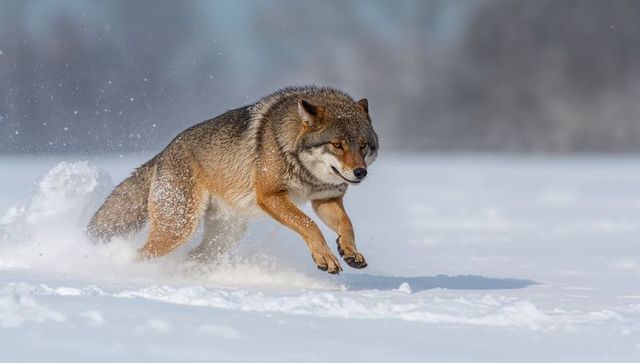 Running gray wolf sprinting across snow-covered plain kicking up powdery snow