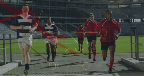 Diverse rugby team analyzing strategic game plan