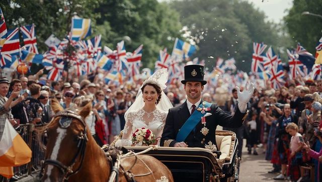 Elegant newlyweds on horse-drawn carriage in celebratory parade