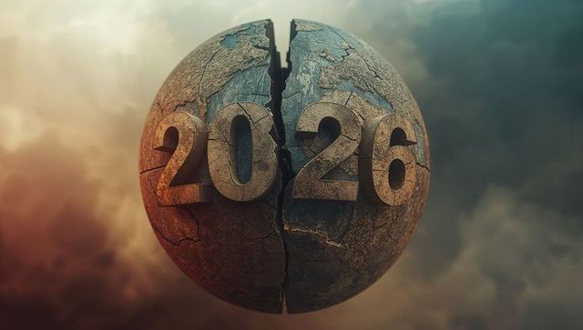 Cracked earth orb floating with embossed 2026 and central fissure over stormy sky