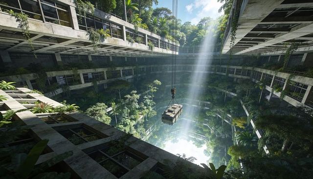 Rigger lowering cargo module into overgrown atrium using hoist with construction hud