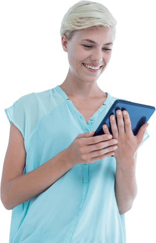 Smiling Woman with Tablet on Transparent Background Isolated - Download Free Stock Videos Pikwizard.com
