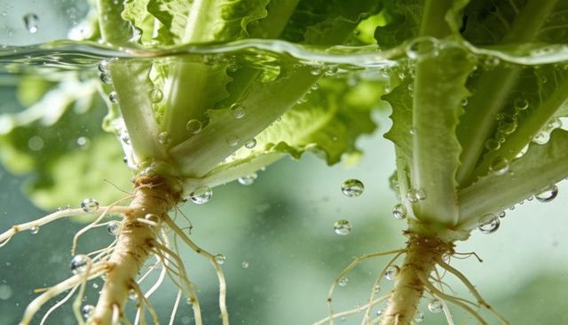 Hydroponic lettuce crowns floating in clear water with exposed roots and oxygen bubbles