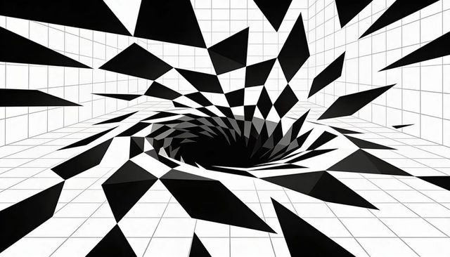 Spiraling black-and-white vortex pulling geometric shards across tiled grid