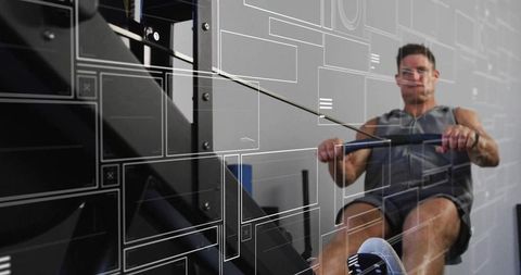 Athletic man training on rowing machine with digital data overlays and HUD graphics