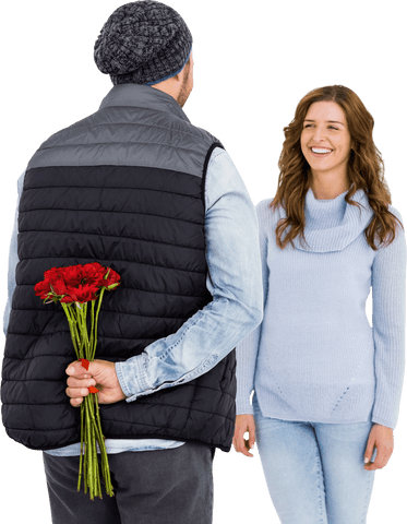 Man surprising smiling woman with flowers in transparent background