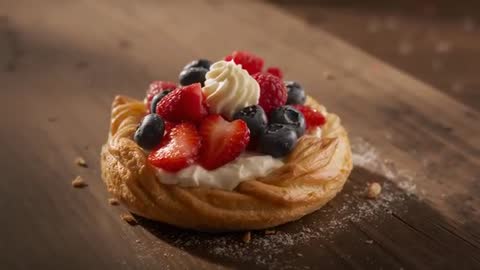 Panning Rustic Berry Danish Pastry Close-up Video Showing Piped Cream and Flaky Texture