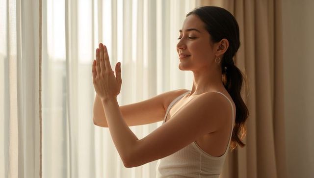 Young woman practicing mindful prayer near sheer window curtains at home in soft morning light