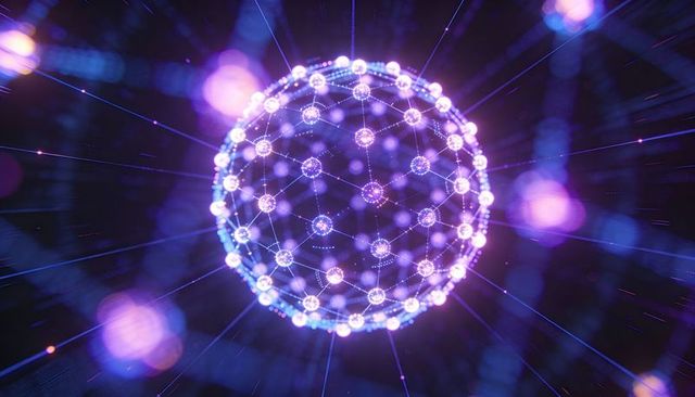 Glowing neural sphere network connecting nodes in neon violet holographic grid with light trails
