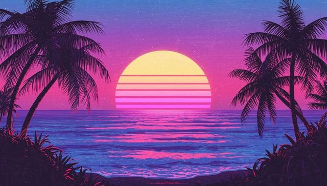 Retro Futuristic Sunset with Striped Sun and Palm Silhouettes