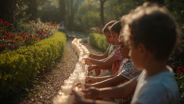 Children Illuminating Garden Pathway with Candlelight